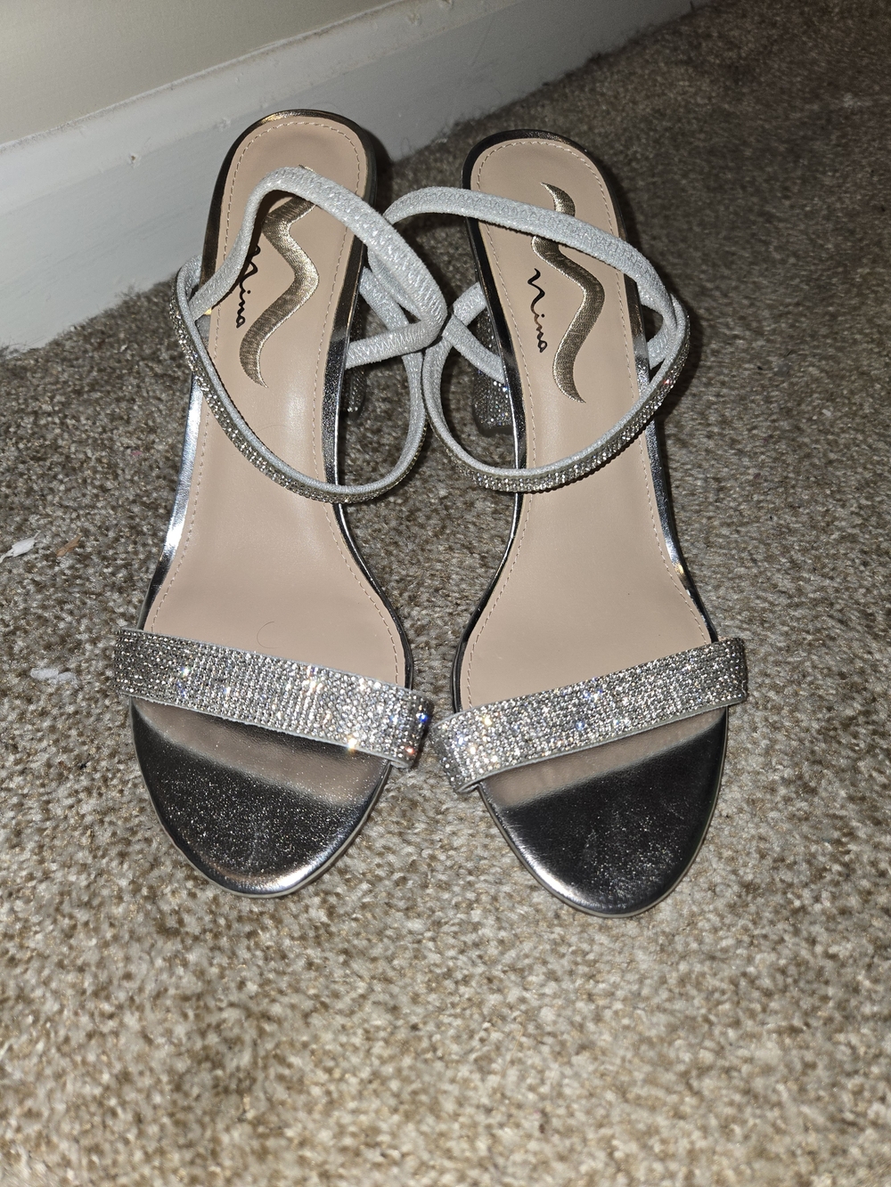 Nina Shoes Silver Rhinestone Strappy Sandals with Ankle Wrap